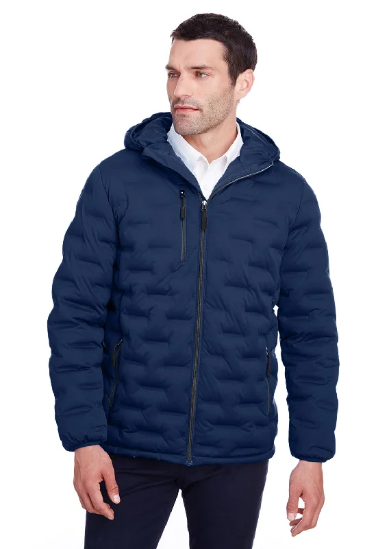 Men's non-iron field jacket-North End Mens Loft Waterproof Full Zip Hooded Puffer Jacket - Classic Navy Blue/Carbon Grey