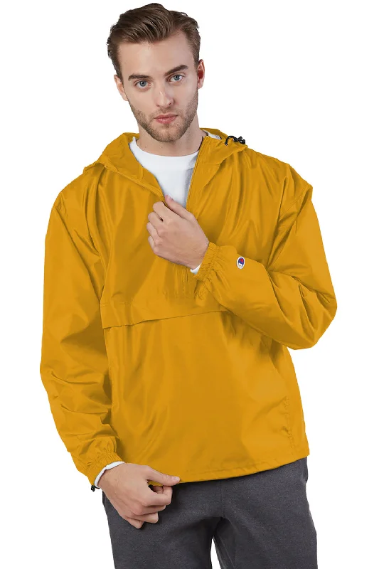 Men's pre-shrunk leather coat-Champion Mens Packable Wind & Water Resistant Anorak 1/4 Zip Hooded Jacket - Gold