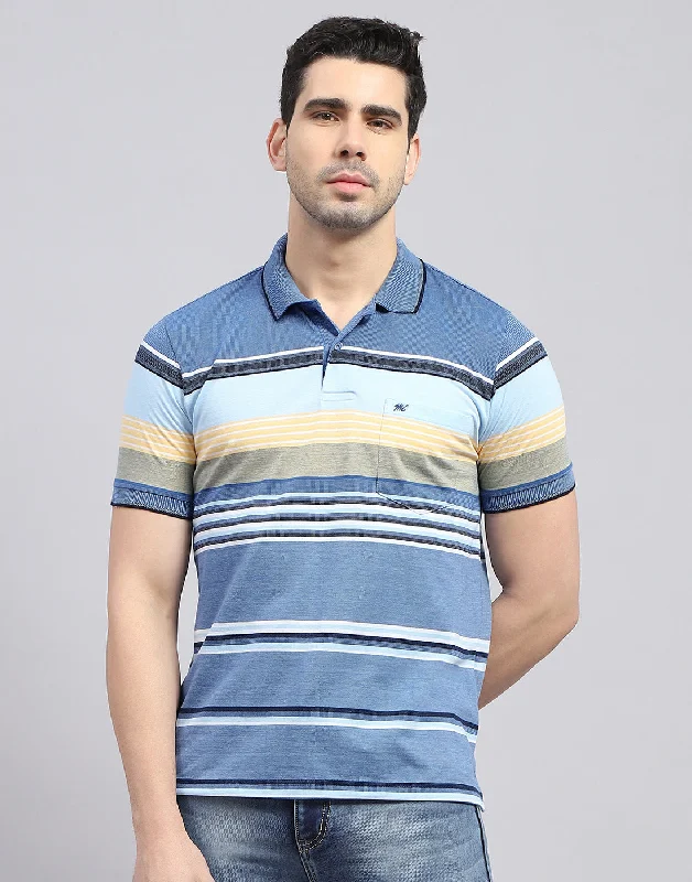 Men's high-neck t-shirt-Men Blue Stripe Polo Collar Half Sleeve T-Shirt