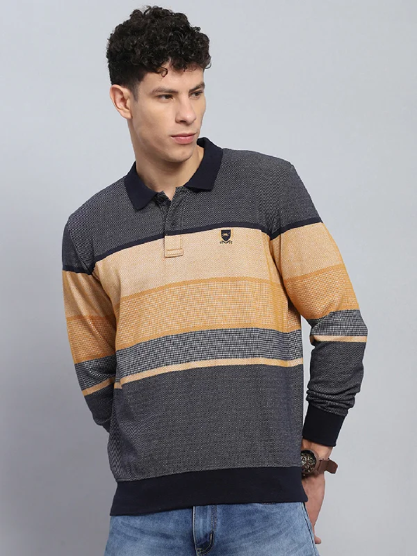 Men's wrinkle-resistant casual t-shirt-Men Beige Stripe Collar Full Sleeve Winter T-Shirt