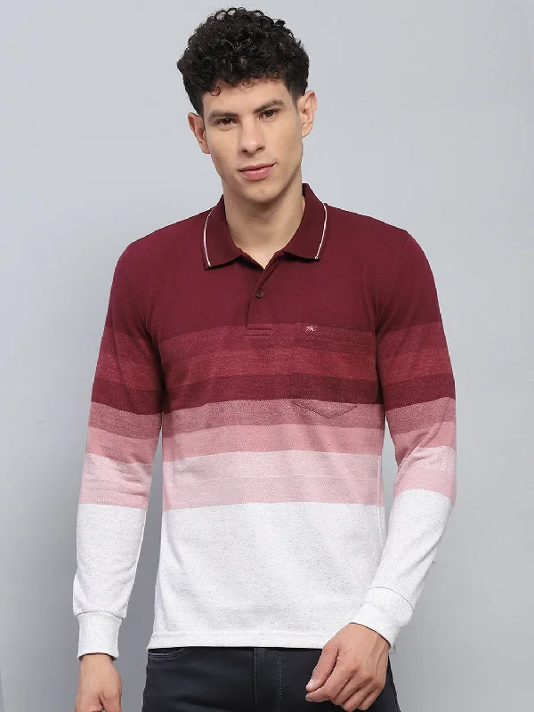 Men's contemporary t-shirt-Men Maroo & White Stripe Collar Full Sleeve Winter T-Shirt