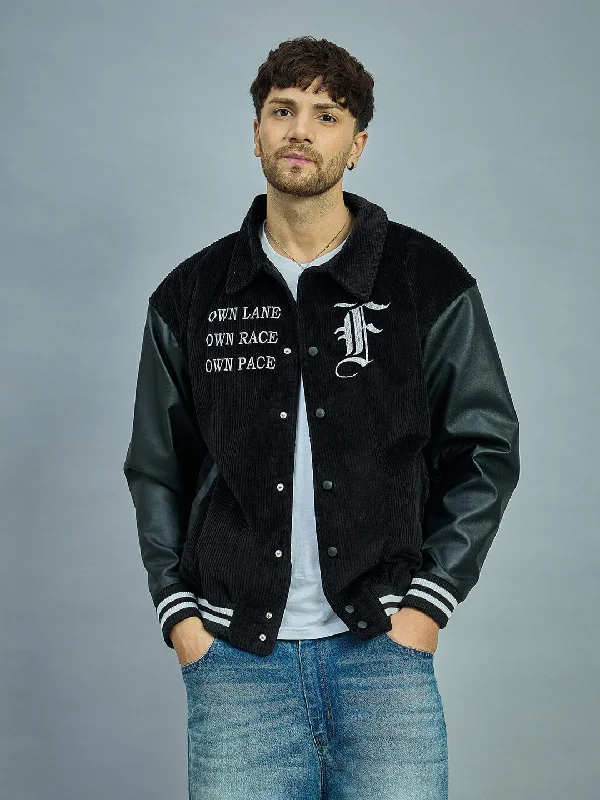 Men's adventure-ready fleece jacket-Black Corduroy Faux Leather Sleeves Varsity Jacket