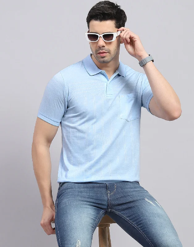 Men's ultra-breathable t-shirt-Men Blue Printed Polo Collar Half Sleeve T-Shirt