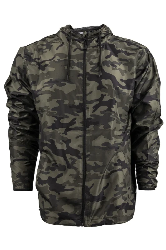 Men's modern parka-Burnside Mens Water Resistant Full Zip Hooded Windbreaker Jacket - Green Camo