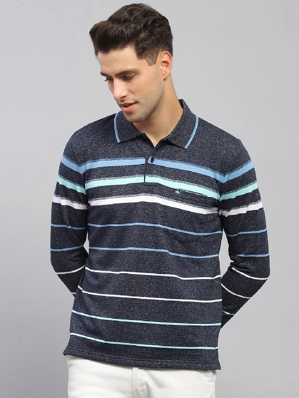 Men's classic style t-shirt-Men Navy Blue Stripe Collar Full Sleeve Winter T-Shirt