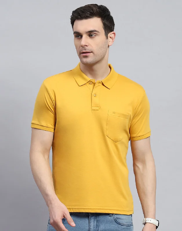 Men's recycled material t-shirt-Men Yellow Solid Polo Collar Half Sleeve T-Shirt