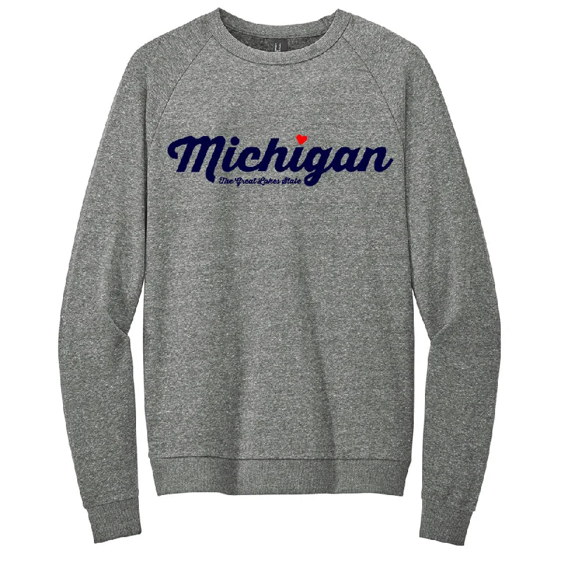 Men's casual sweatshirt-Michigan Thirsty Script Heart Triblend Crew Sweatshirt