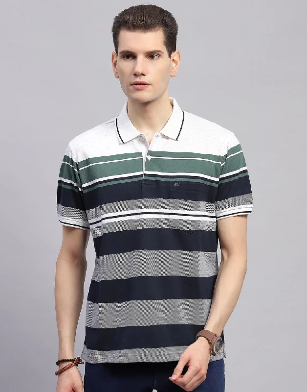 Men's street smart t-shirt-Men Navy Blue Stripe Collar Half Sleeve T-Shirt