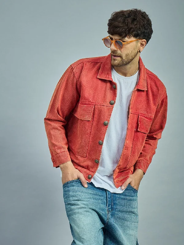 Men's comfortable trench coat-Rust Dye Cropped Denim Jacket