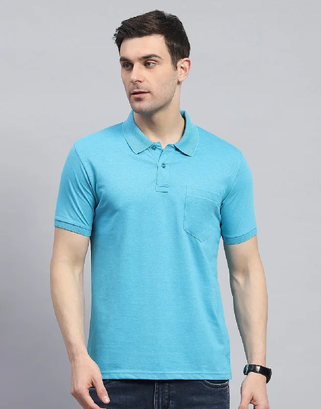 Men's ultra-breathable t-shirt-Men Blue Solid Polo Collar Half Sleeve T-Shirt