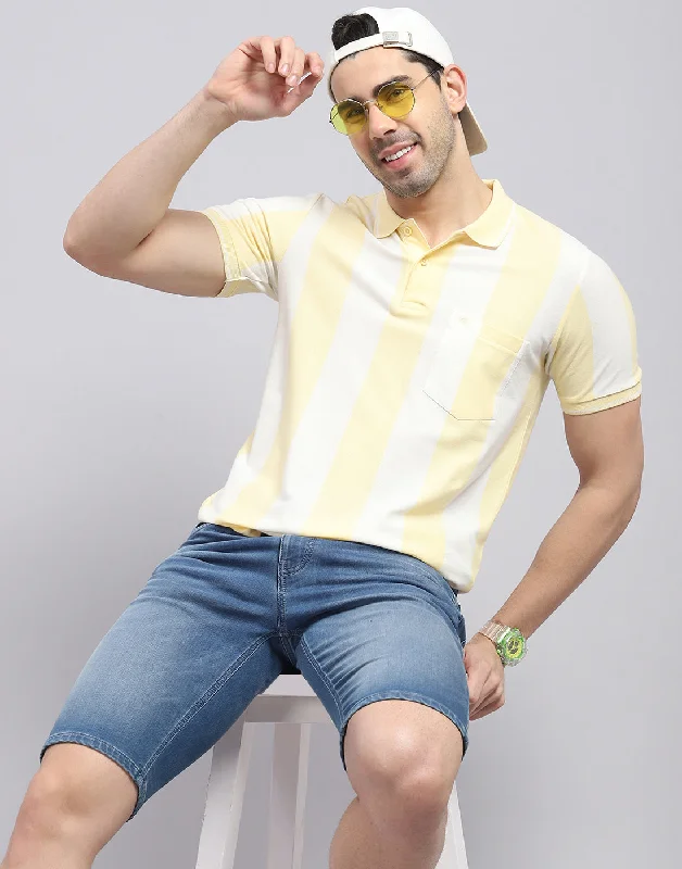 Men's high-neck t-shirt-Men Yellow Stripe Polo Collar Half Sleeve T-Shirt