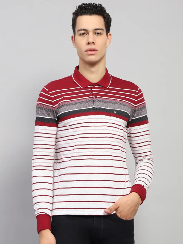 Men's weekend casual t-shirt-Men Maroo & White Stripe Collar Full Sleeve Winter T-Shirt