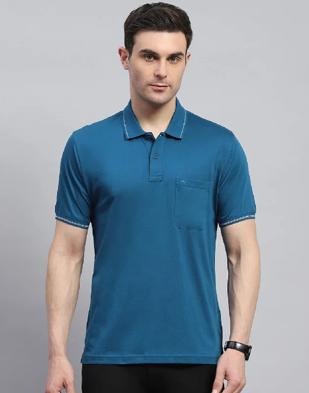 Men's earthy tones t-shirt-Men Teal Blue Solid Polo Collar Half Sleeve T-Shirt