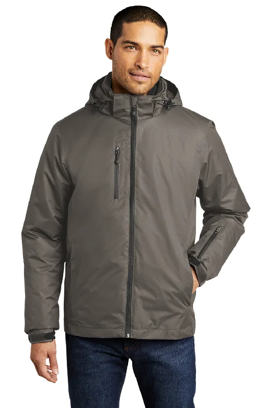 Men's tech-fabric bomber jacket-Port Authority Mens Vortex 3-in-1 Waterproof Full Zip Hooded Jacket - Deep Smoke Grey/Charcoal Grey