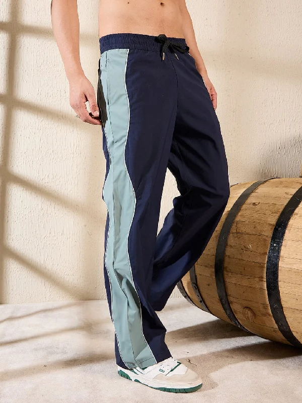 mens classic chinos-Navy & Teal Wavy Panel Trackpants