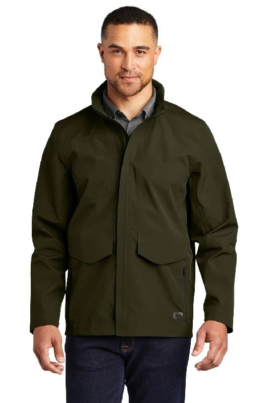 Men's all-weather jacket-Ogio Mens Utilitarian Wind & Water Resistant Full Zip Hooded Jacket - Drive Green - Closeout