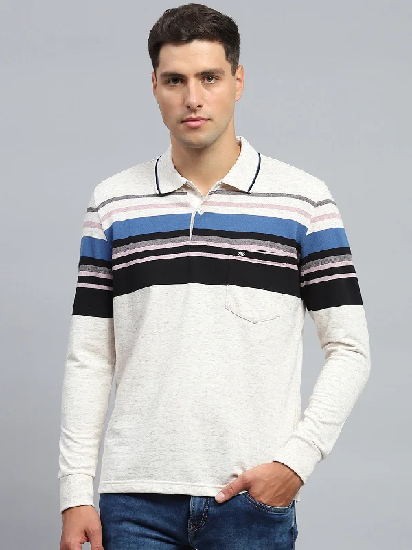 Men's weather-resistant t-shirt-Men Black & White Stripe Collar Full Sleeve Winter T-Shirt