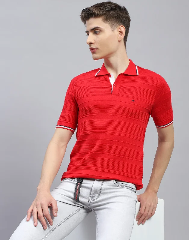 Men's innovative fabric t-shirt-Men Red Solid Polo Collar Half Sleeve T-Shirt