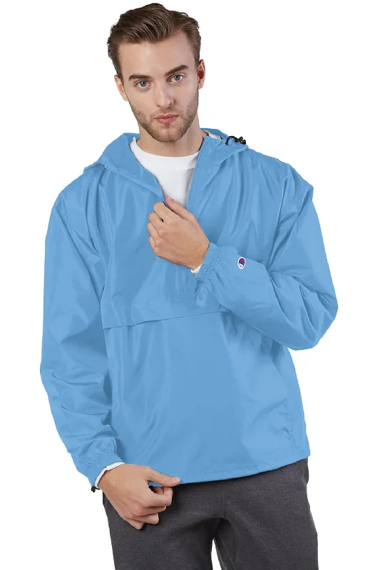 Men's breathable trench coat-Champion Mens Packable Wind & Water Resistant Anorak 1/4 Zip Hooded Jacket - Light Blue