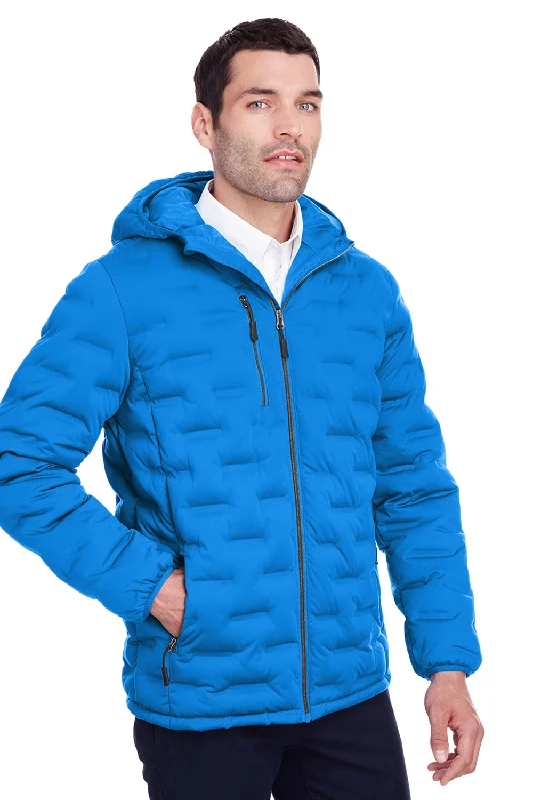 Men's comfortable softshell jacket-North End Mens Loft Waterproof Full Zip Hooded Puffer Jacket - Olympic Blue/Carbon Grey - Closeout