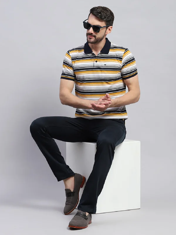 Men's classic style t-shirt-Men Yellow & White Stripe Collar Half Sleeve T-Shirt