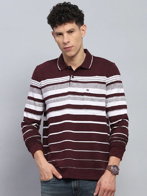 Men's quick-wicking t-shirt-Men Maroon Stripe Collar Full Sleeve Winter T-Shirt