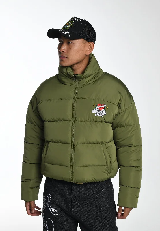 Men's breathable performance jacket-Mens Lks-Nyc-Skull Puffer Jacket - Green