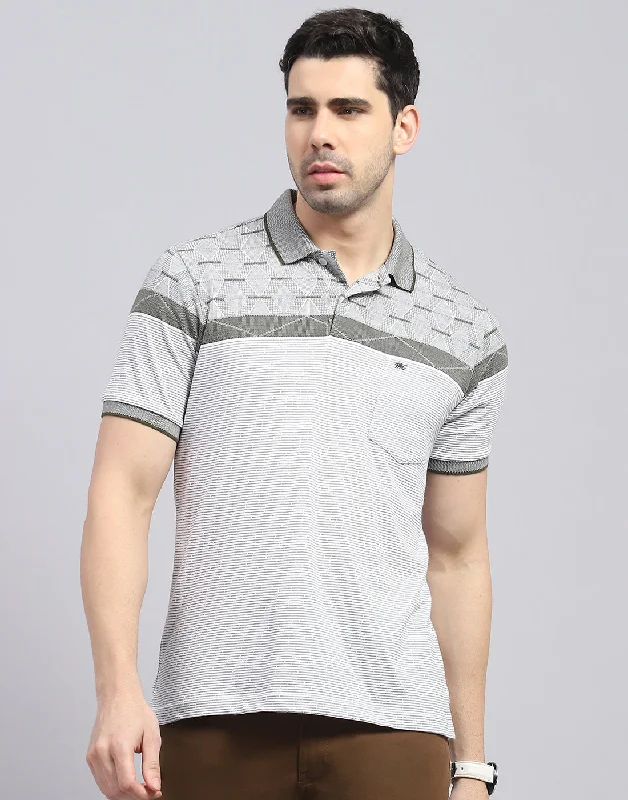 Men's soft hand feel t-shirt-Men Olive Stripe Polo Collar Half Sleeve T-Shirt