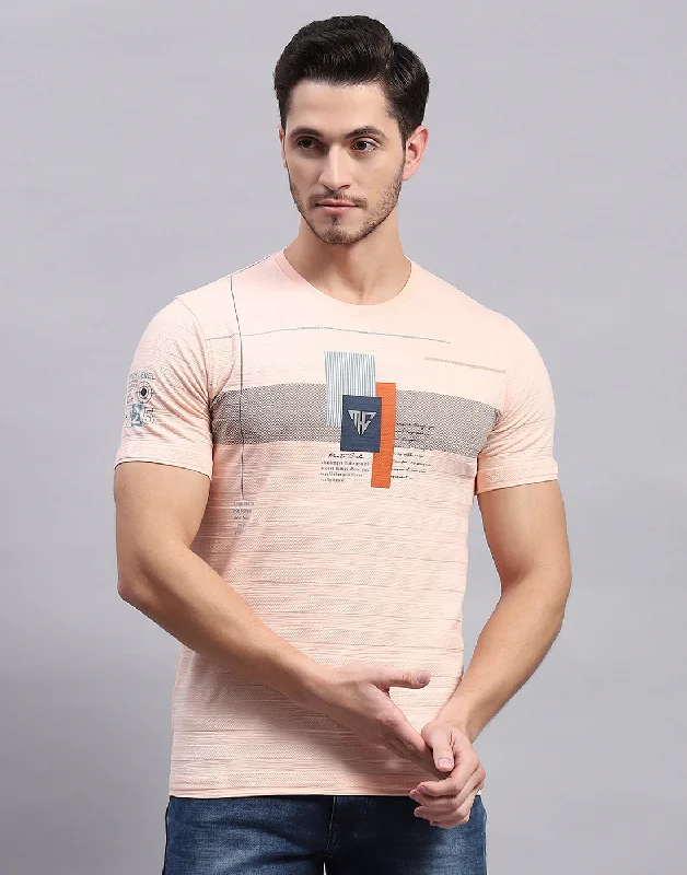 Men's versatile wear t-shirt-Men Peach Printed Round Neck Half Sleeve T-Shirt