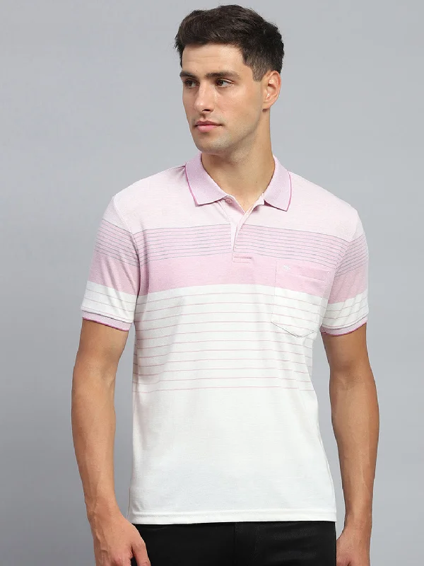 Men's quick-wicking t-shirt-Men Pink Stripe Collar Half Sleeve T-Shirt