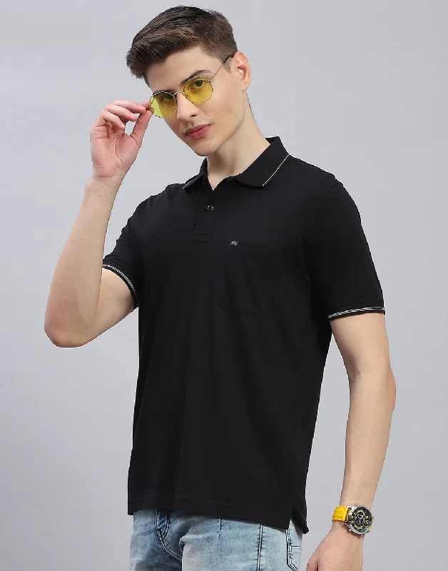 Men's weekend casual t-shirt-Men Black Solid Polo Collar Half Sleeve T-Shirt