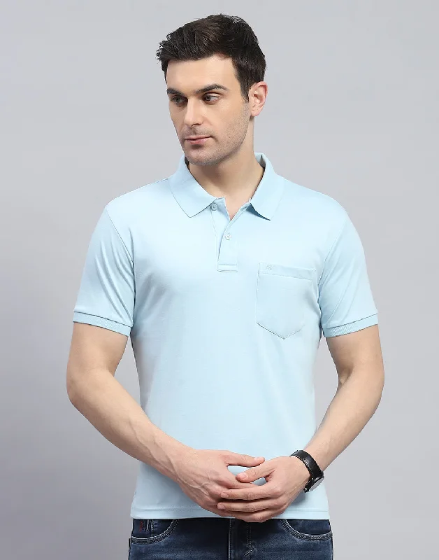 Men's tailored fit t-shirt-Men Blue Solid Polo Collar Half Sleeve T-Shirt