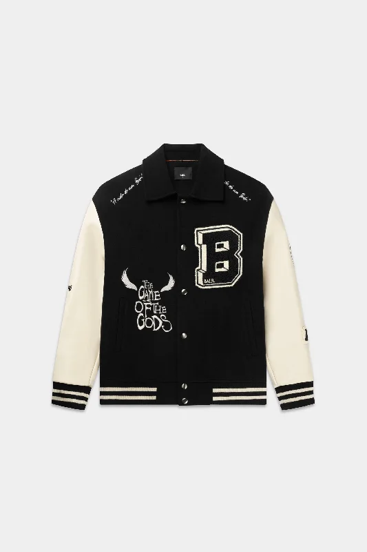 Men's versatile performance jacket-Game of the Gods Graffiti Box Fit Varsity Jacket Jet Black