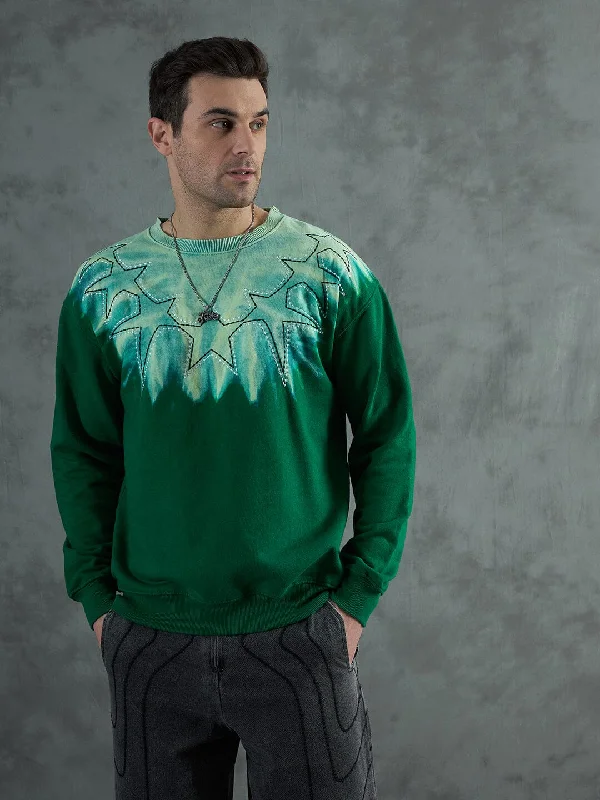 Men's football sweatshirt-Green Star Embroidery Ombre Sweatshirt