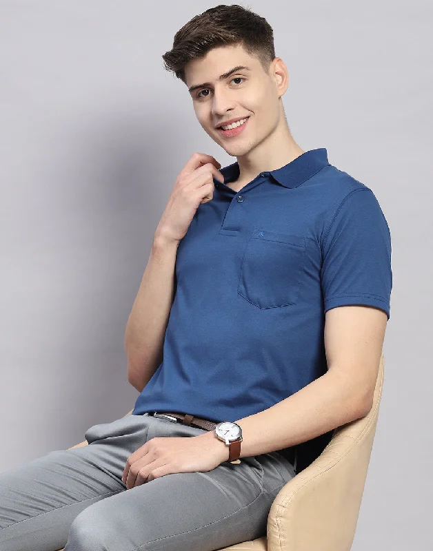 Men's anti-odor t-shirt-Men Navy Blue Solid Polo Collar Half Sleeve T-Shirt