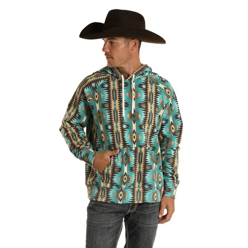 Men's summer gym hoodie-Panhandle Men's Turquoise Aztec Hoodie