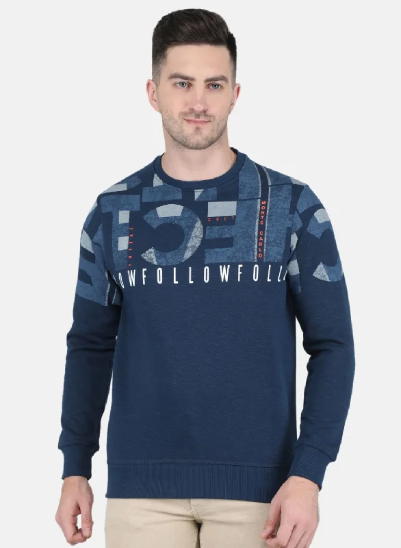 Men's utility sweatshirt-Men Blue Printed Sweatshirt