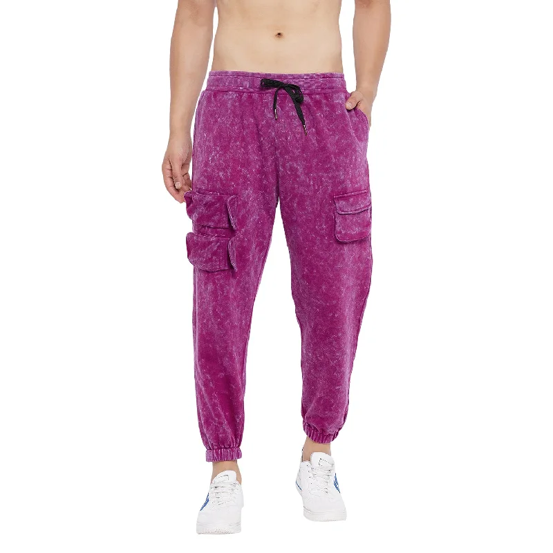 mens weekend joggers-Magenta Washed Oversized Cargo Trackpants