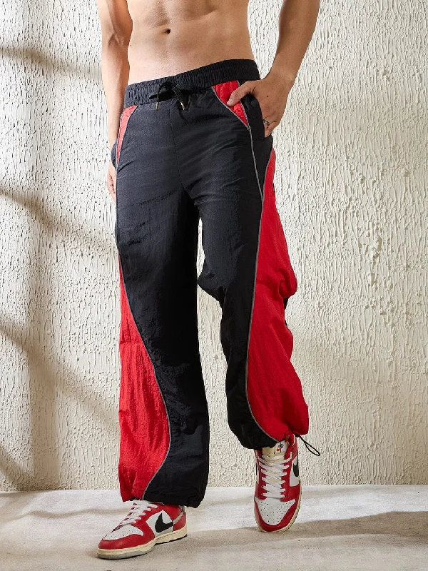 mens refined trousers-Black and Red Crinkle Cut and Sew Trackpants