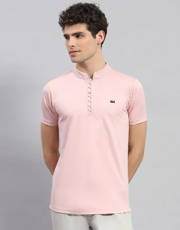 Men's double-layer t-shirt-Men Pink Solid  Mandarin Neck Half Sleeve T-Shirt