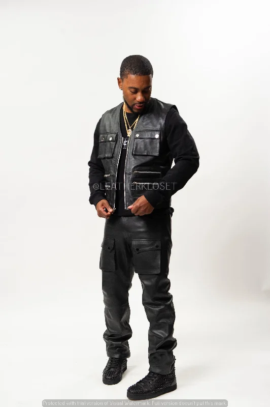 mens high-waist pants-Men's Leather Tactical Vest With Leather Cargo Pants Black [Slim-Cut]