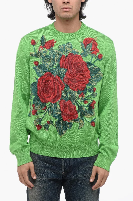 Men's club sweater-Dolce & Gabbana Crew Neck EDEN Floral Patterned Silk Sweater