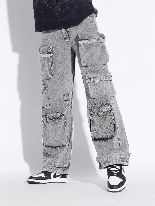 mens pocket-friendly pants-Stone Washed Baggy Cargo Pants