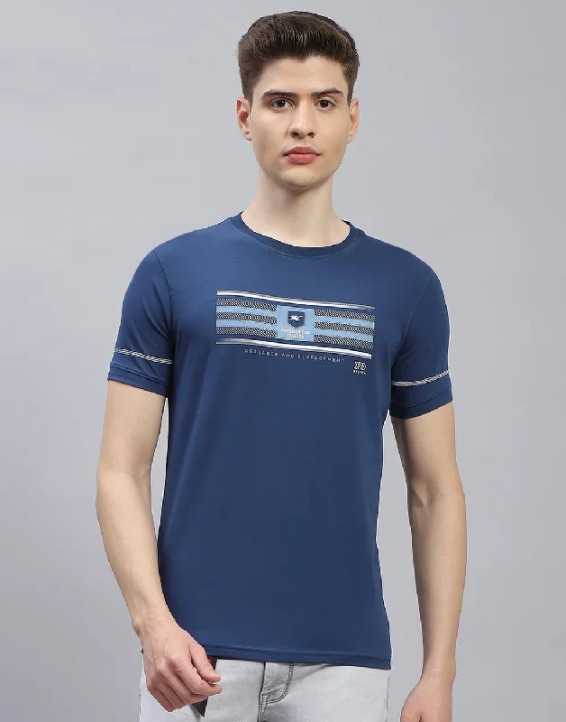 Men's everyday wear t-shirt-Men Navy Blue Printed Round Neck Half Sleeve T-Shirt