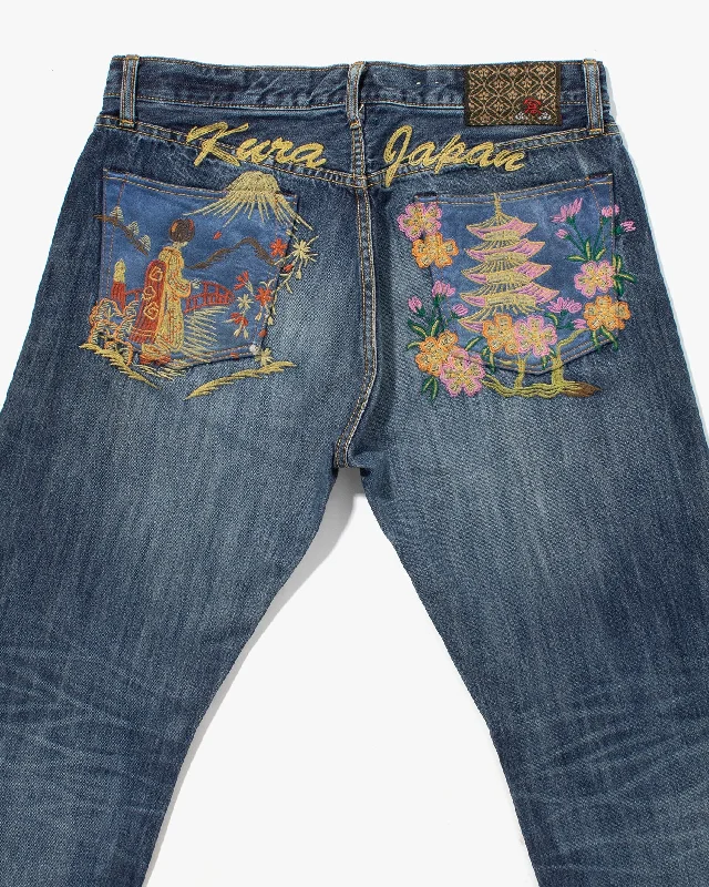 mens autumn pants-Japanese Repro Denim Jeans, Eternal, Woman and Temple Embroidery, Satin Pockets - 33