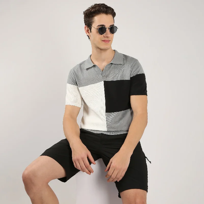 Men's gym-ready office wear polo shirt-Colour Block Modern Nerd Hand Knit Jersey Polo T-Shirt