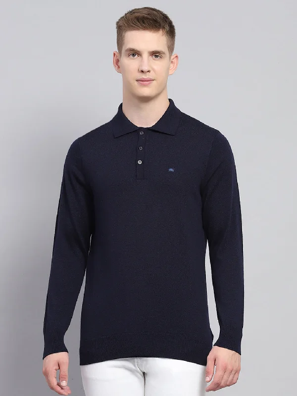 Men's earthy tones t-shirt-Men Navy Blue Solid Collar Full Sleeve Winter T-Shirt