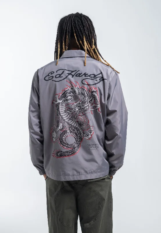 Men's performance trench coat-Mens Fireball Dragon Coach Jacket - Grey