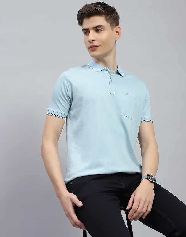 Men's moisture-managing t-shirt-Men Blue Solid Polo Collar Half Sleeve T-Shirt