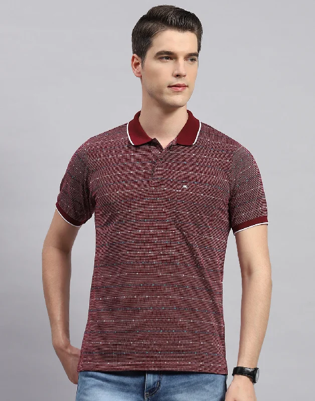 Men's ultra-breathable t-shirt-Men Maroon Stripe Collar Neck Half Sleeve T-Shirt